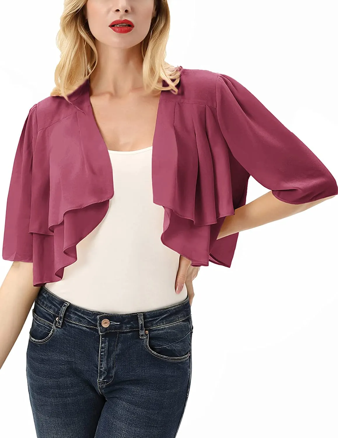 KANCY KOLE Women Chiffon Open Front 3/4 Sleeve Sheer Shrug Cropped Bolero Cardigan