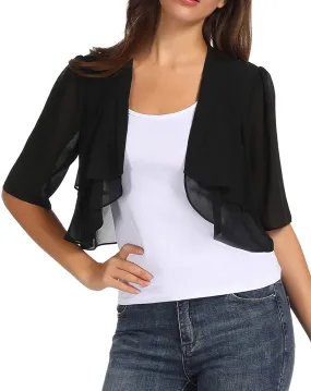 KANCY KOLE Women Chiffon Open Front 3/4 Sleeve Sheer Shrug Cropped Bolero Cardigan