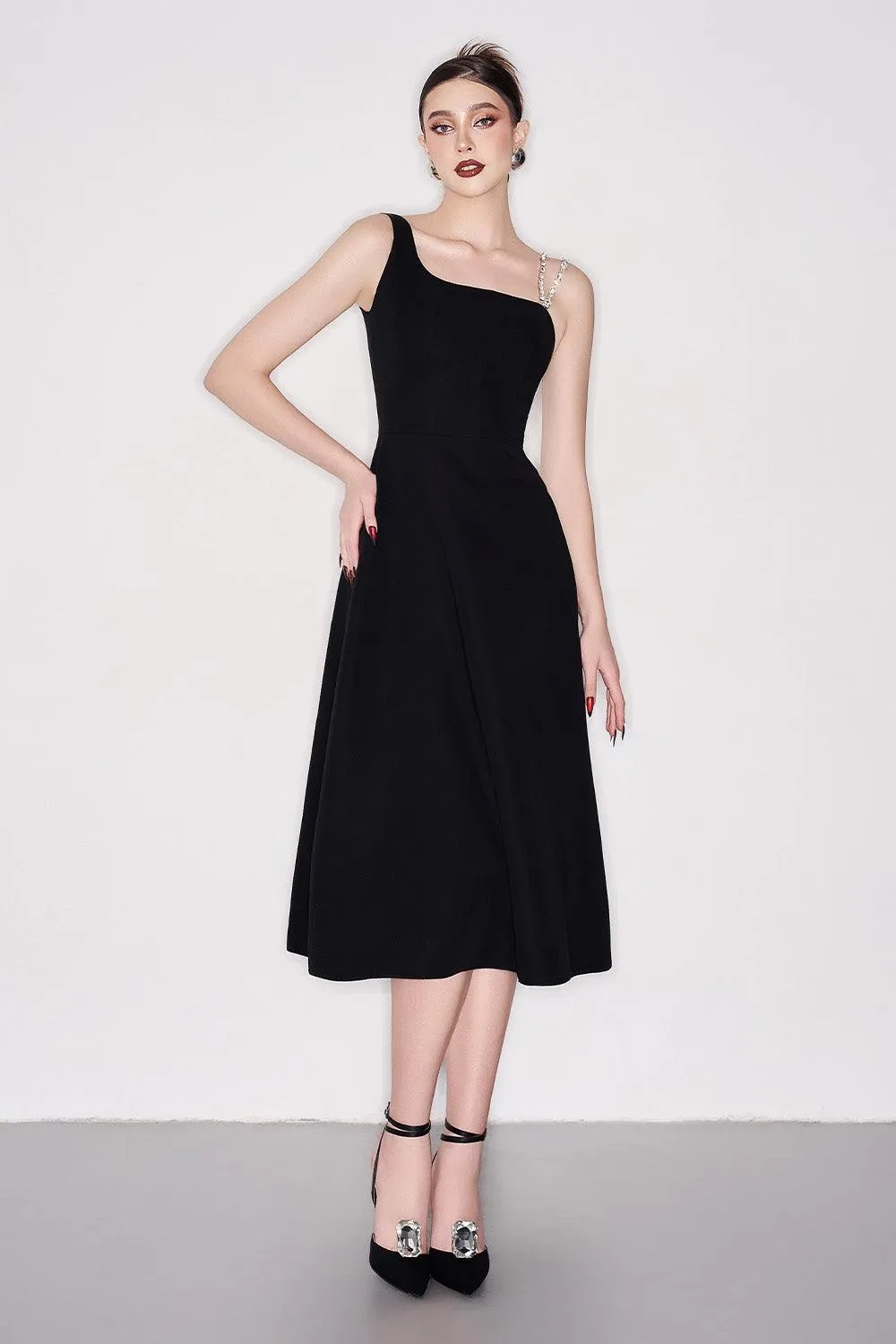 Lester A-line Asymmetric Neck Crepe Below The Knee Dress