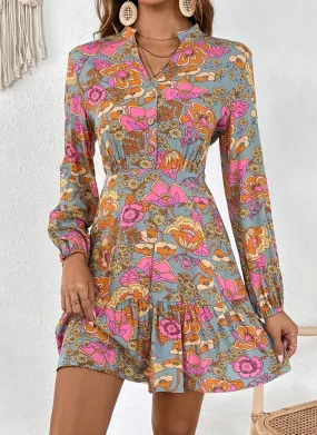 Long Sleeve Floral Print Button Front Dress