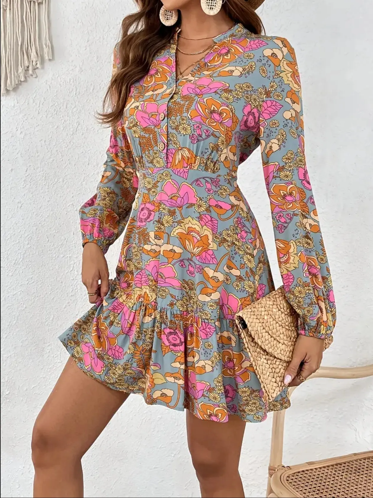 Long Sleeve Floral Print Button Front Dress