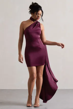 Natalie | Mini-robe asymétrique en satin prune avec détail en écharpe