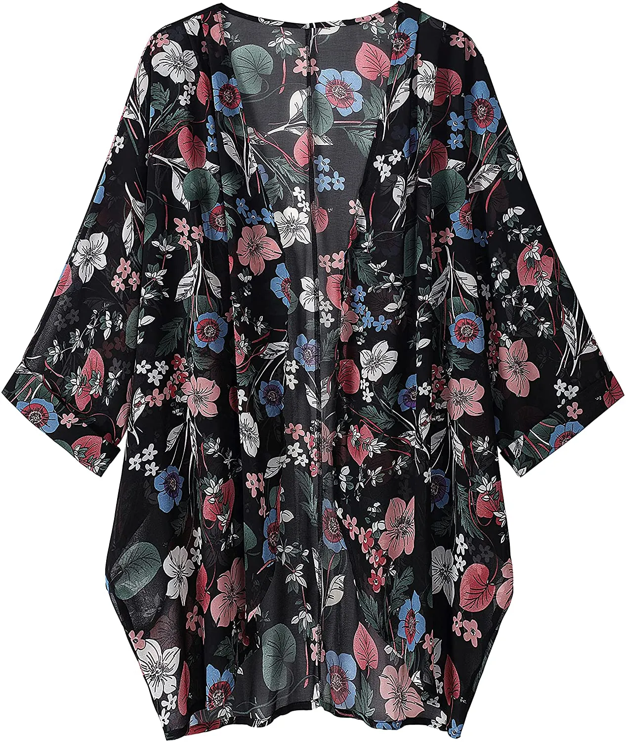 olrain Women's Floral Print Sheer Chiffon Loose Kimono Cardigan Capes