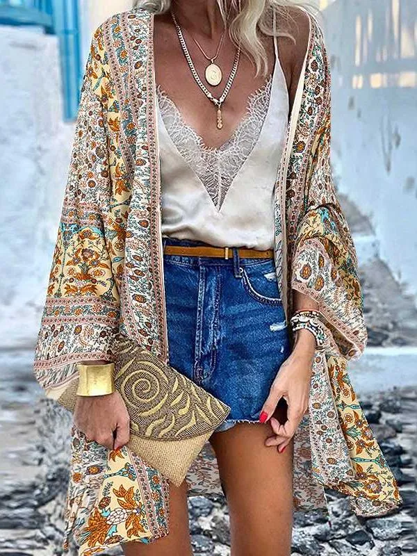 Open Front Bohemian Floral Printed Blouse