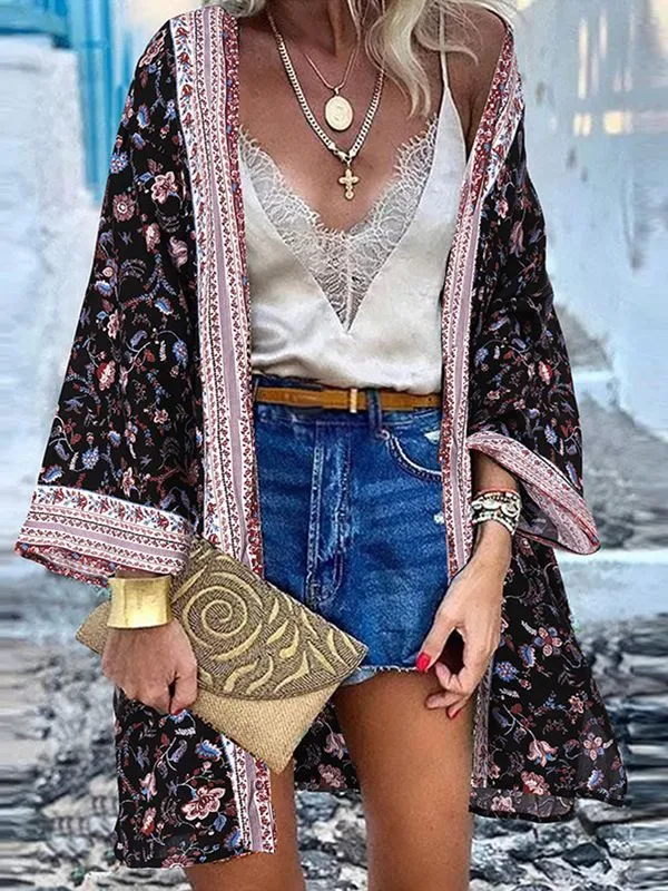 Open Front Bohemian Floral Printed Blouse