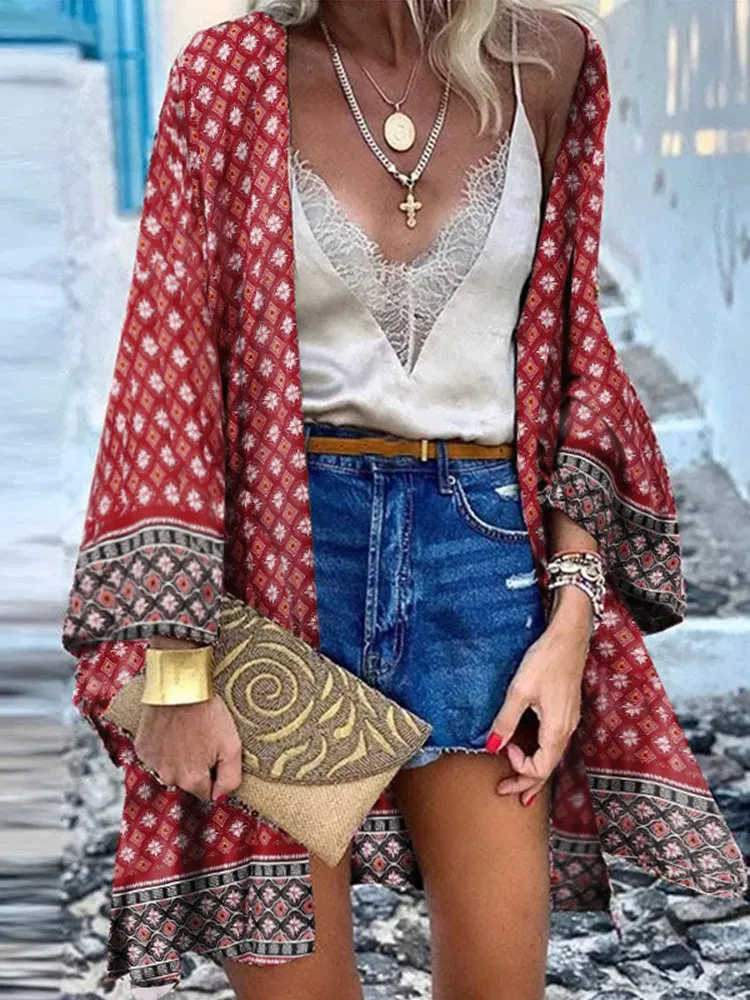 Open Front Bohemian Floral Printed Blouse