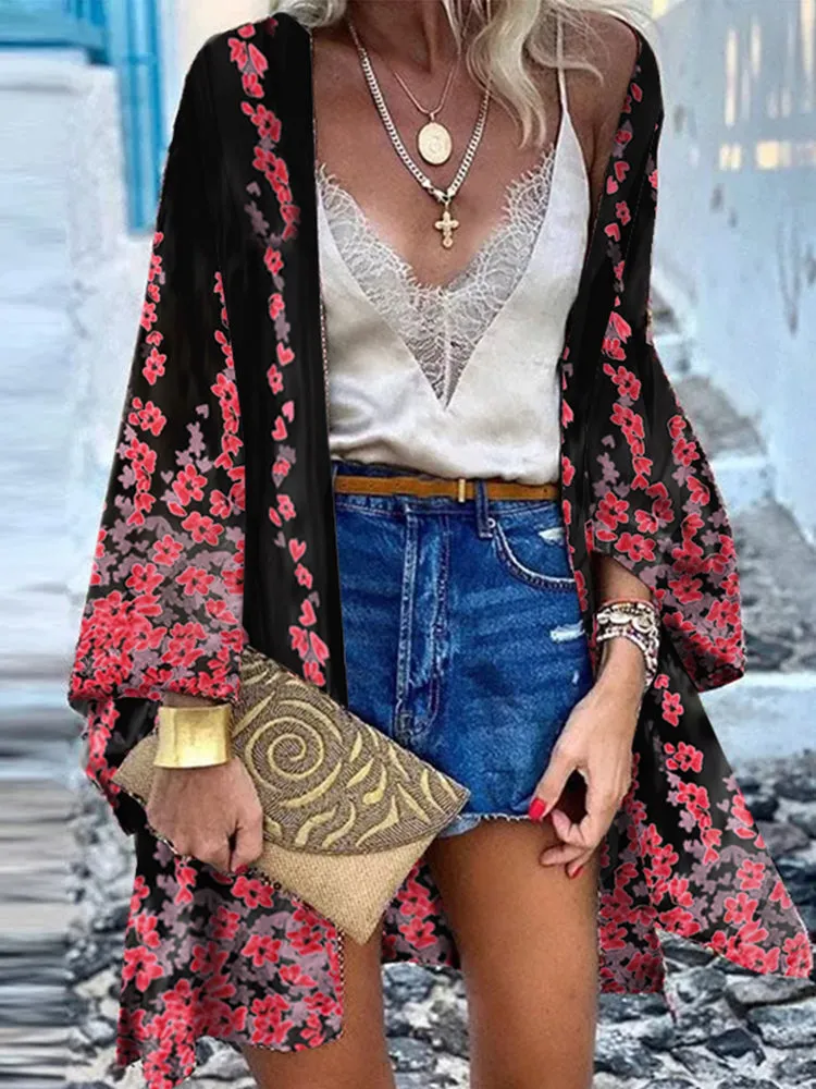 Open Front Bohemian Floral Printed Blouse