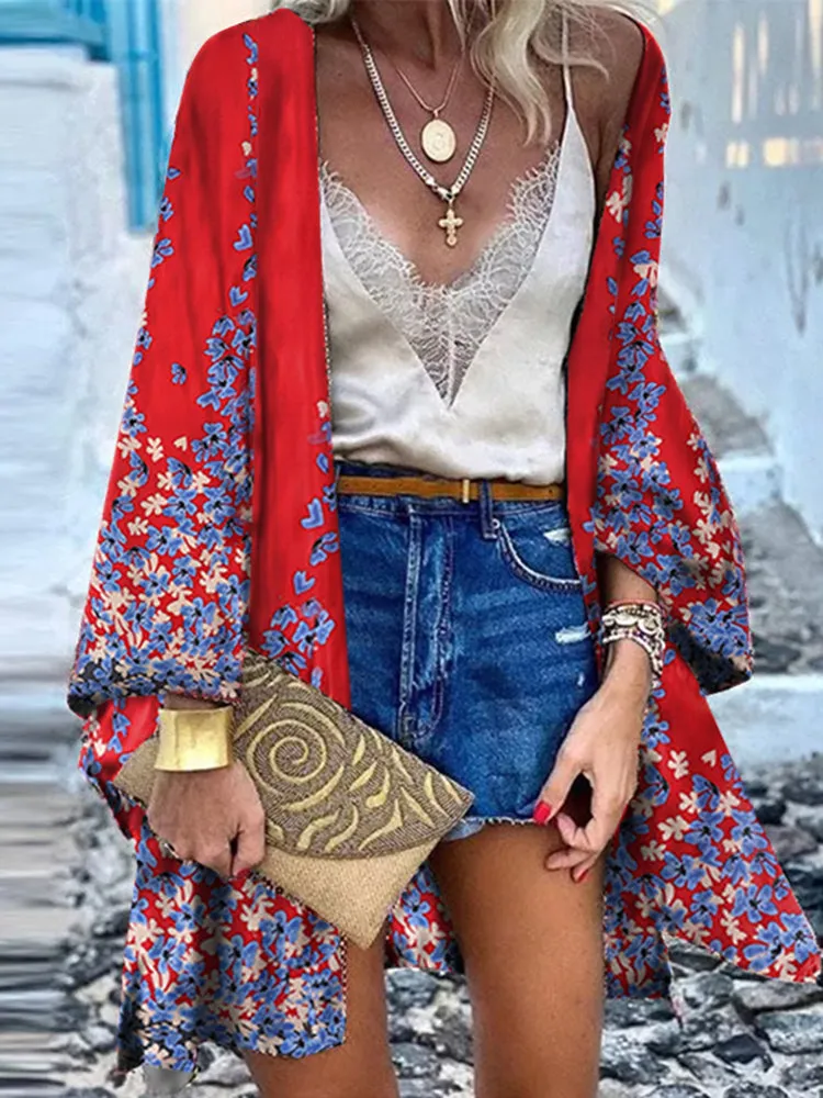 Open Front Bohemian Floral Printed Blouse