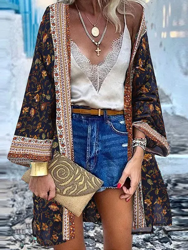 Open Front Bohemian Floral Printed Blouse