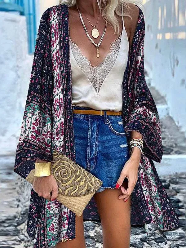 Open Front Bohemian Floral Printed Blouse