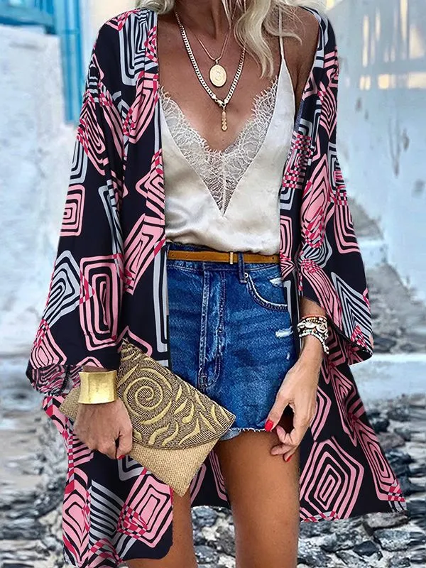 Open Front Bohemian Floral Printed Blouse