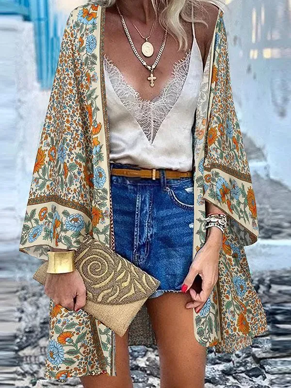 Open Front Bohemian Floral Printed Blouse