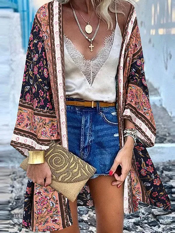 Open Front Bohemian Floral Printed Blouse