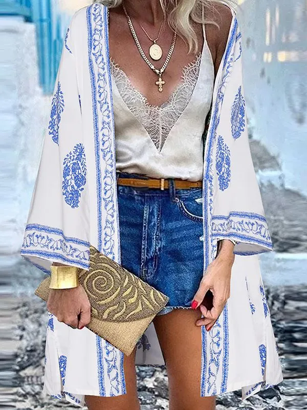 Open Front Bohemian Floral Printed Blouse