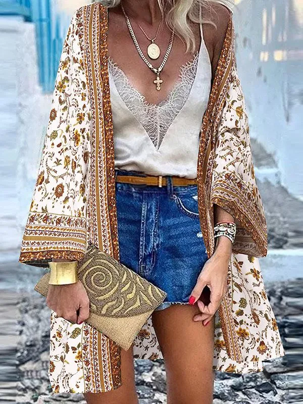 Open Front Bohemian Floral Printed Blouse