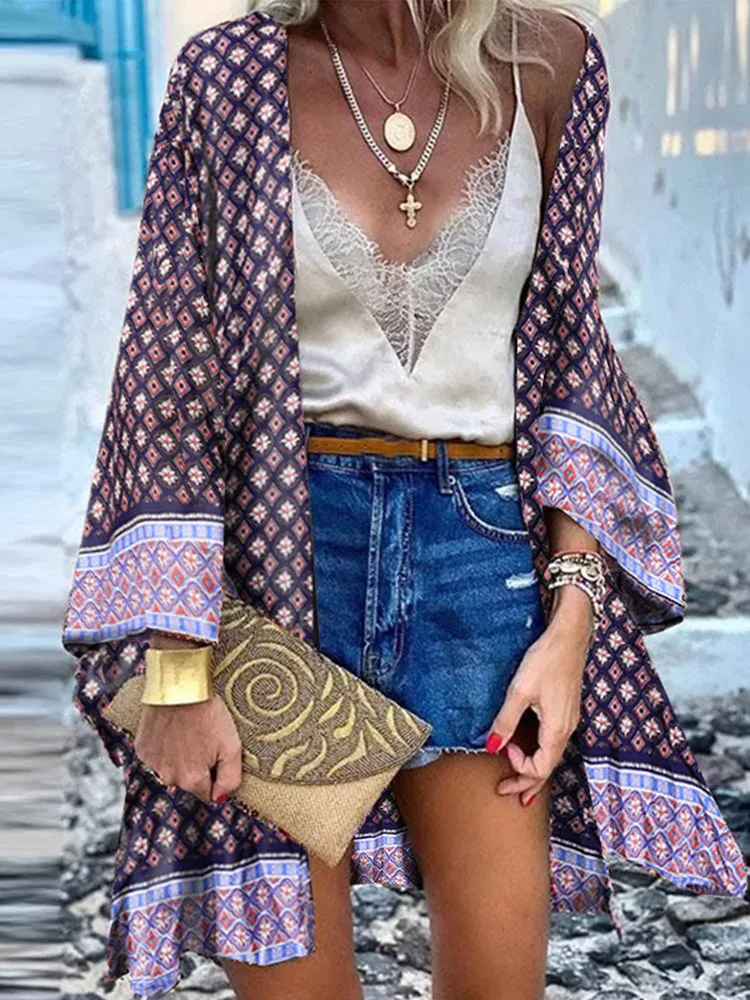 Open Front Bohemian Floral Printed Blouse