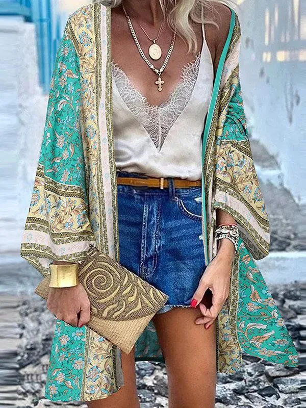 Open Front Bohemian Floral Printed Blouse