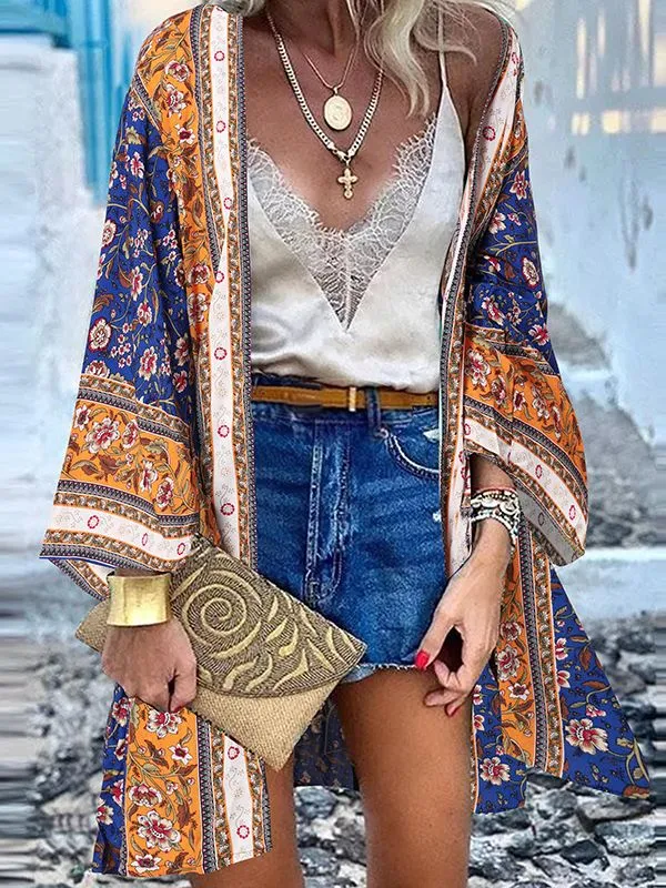 Open Front Bohemian Floral Printed Blouse