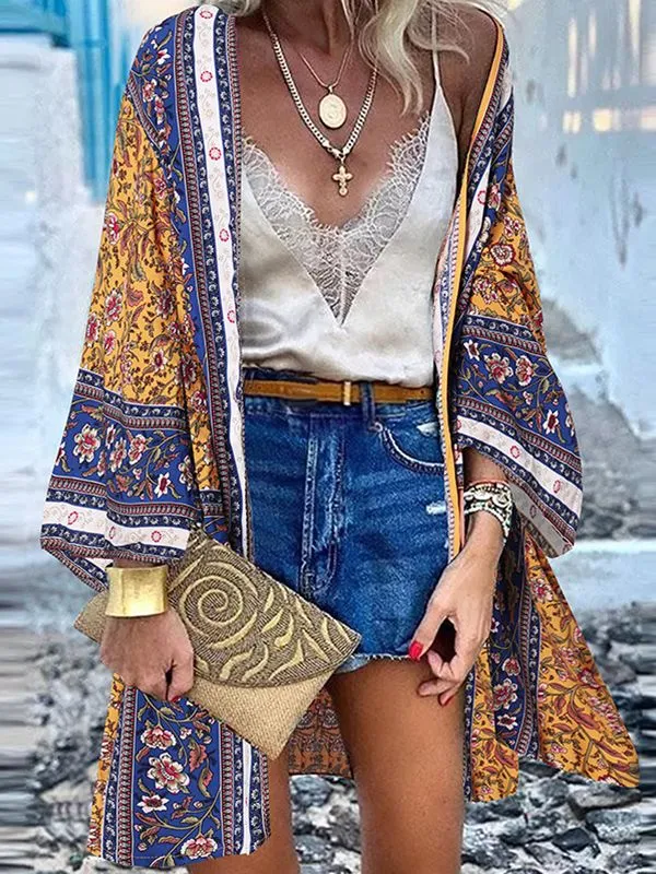 Open Front Bohemian Floral Printed Blouse