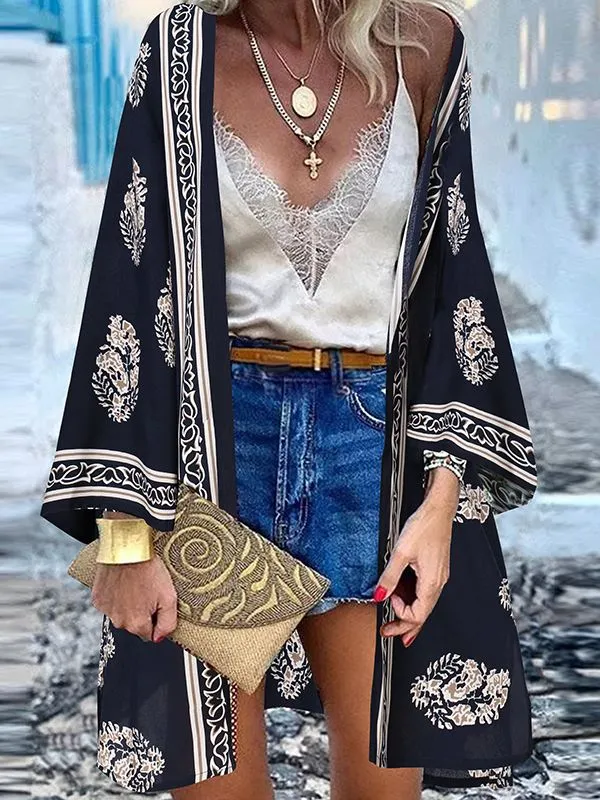 Open Front Bohemian Floral Printed Blouse