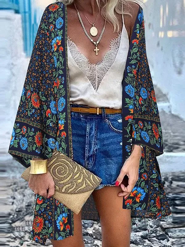 Open Front Bohemian Floral Printed Blouse