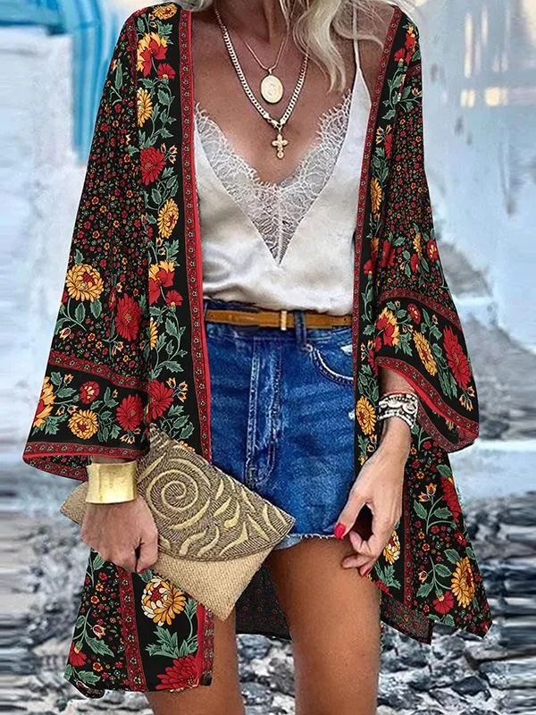 Open Front Bohemian Floral Printed Blouse