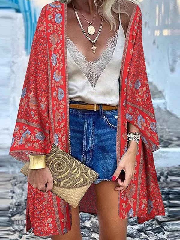 Open Front Bohemian Floral Printed Blouse