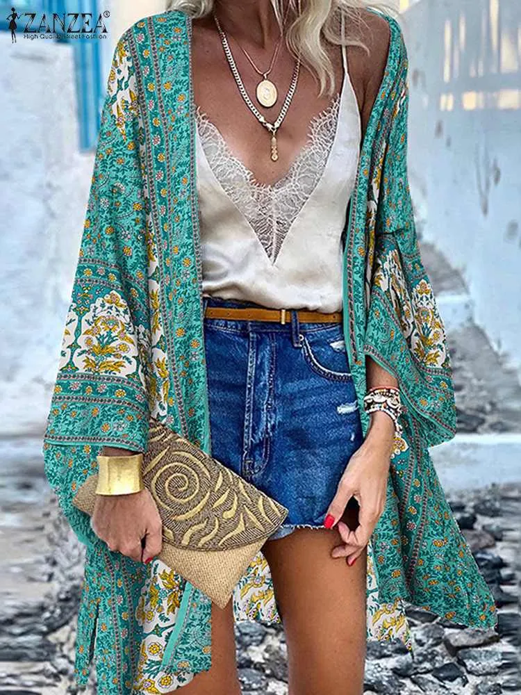 Open Front Bohemian Floral Printed Blouse