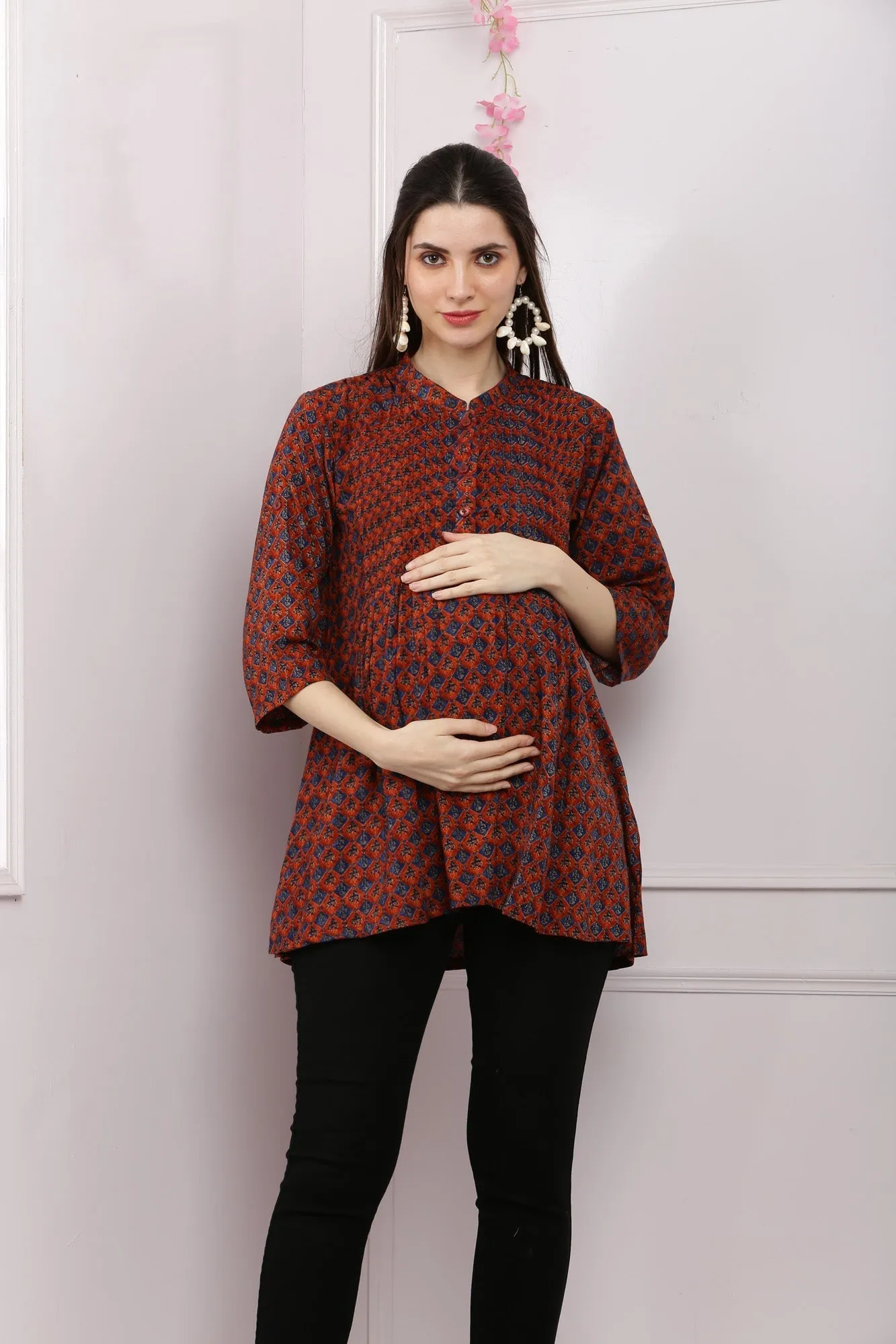 Paradise Blossom Rust Maternity & Nursing Pintucks Top