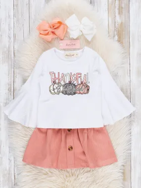 Peach Thankful Pumpkins Outfit w/ Corduroy Skirt