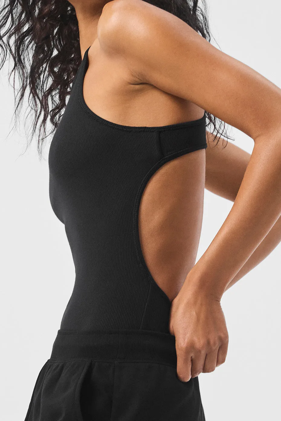 Ribbed Half-Court Bodysuit - Black