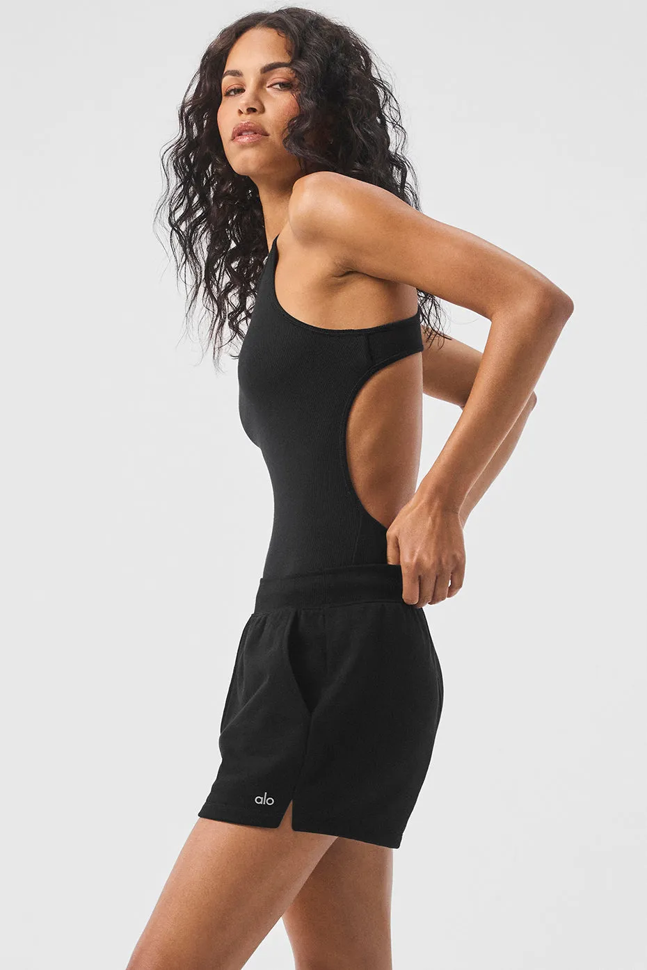 Ribbed Half-Court Bodysuit - Black