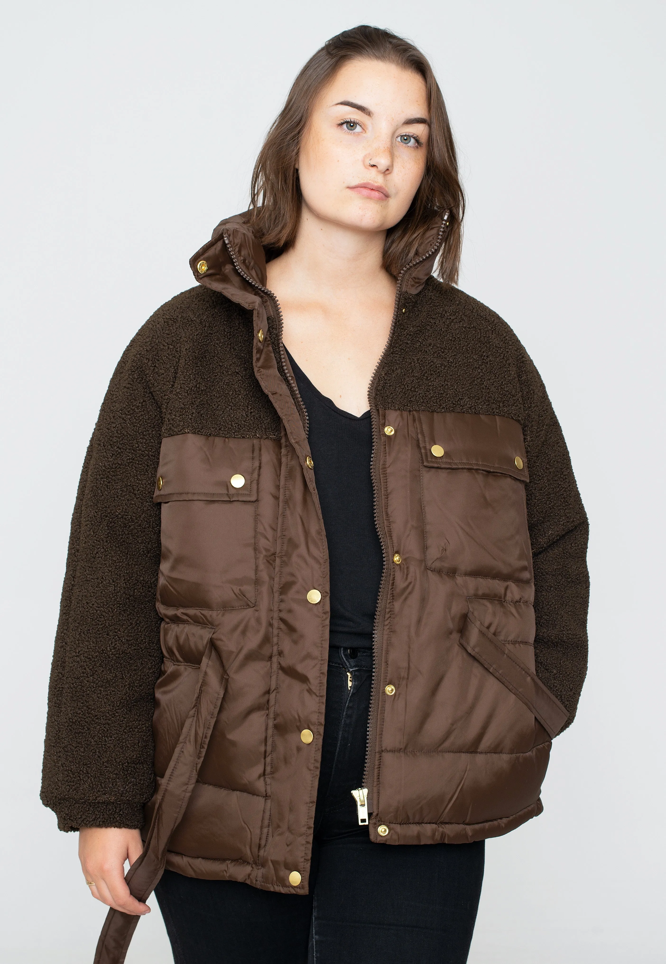 Urban Classics - Ladies Sherpa Mix Puffer Brown - Jacket