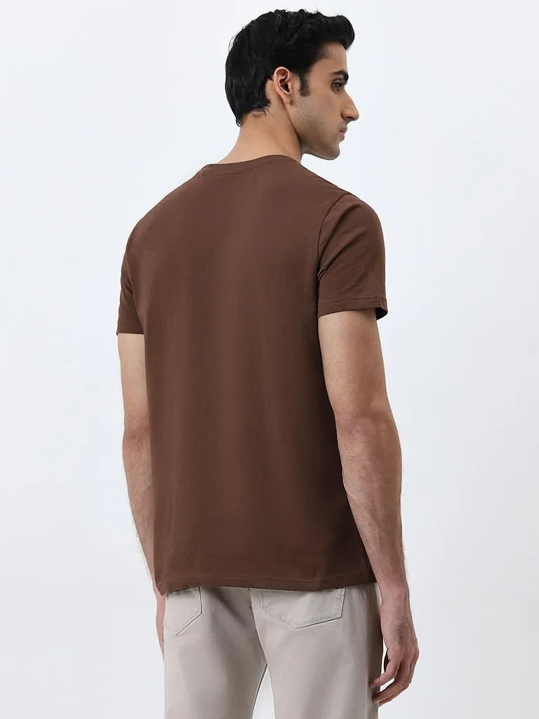 WES Casuals Brown Solid Slim-Fit Cotton T-Shirt