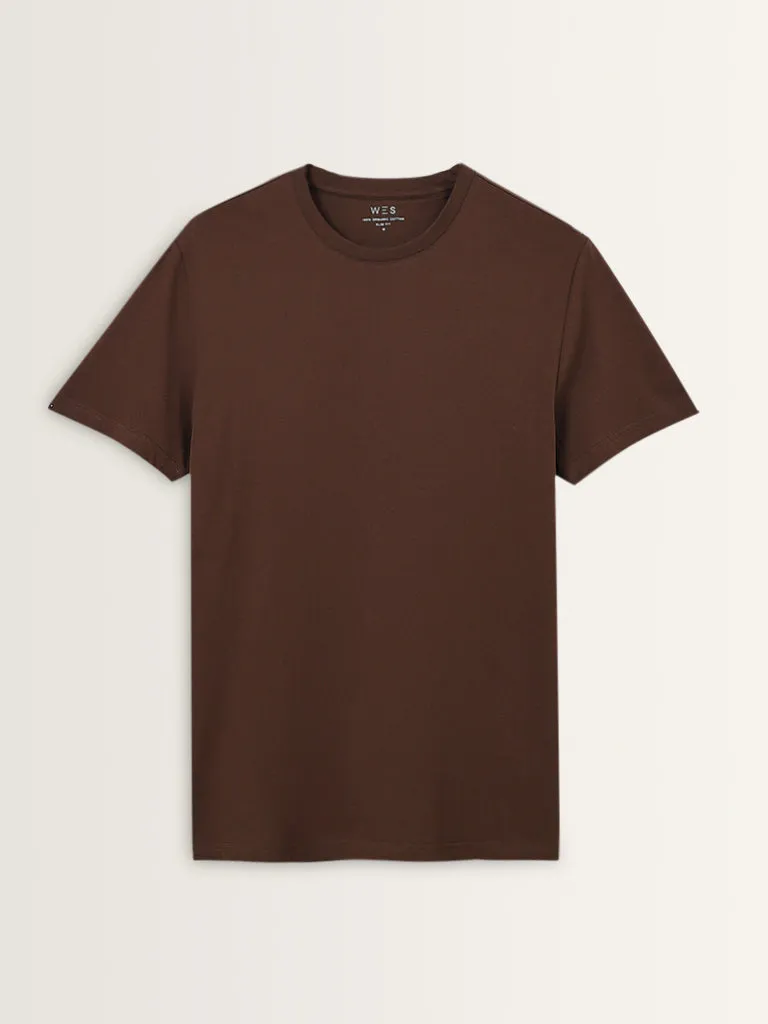 WES Casuals Brown Solid Slim-Fit Cotton T-Shirt