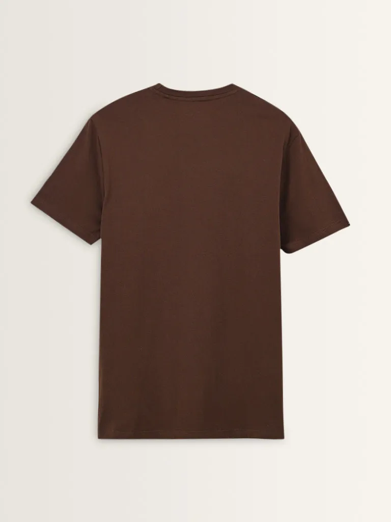 WES Casuals Brown Solid Slim-Fit Cotton T-Shirt