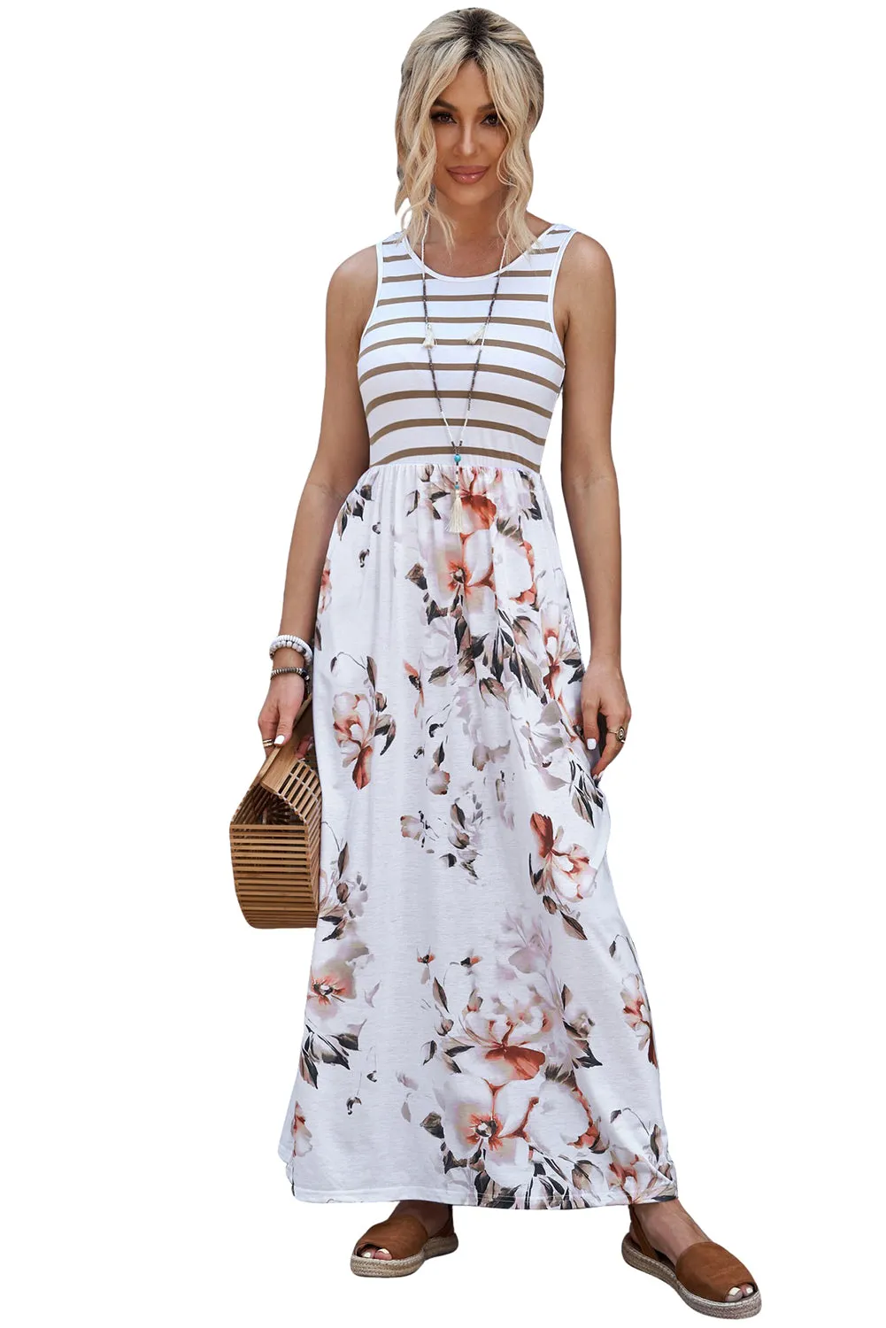 White Boho Stripes & Floral Print Floor Length Tank Dress