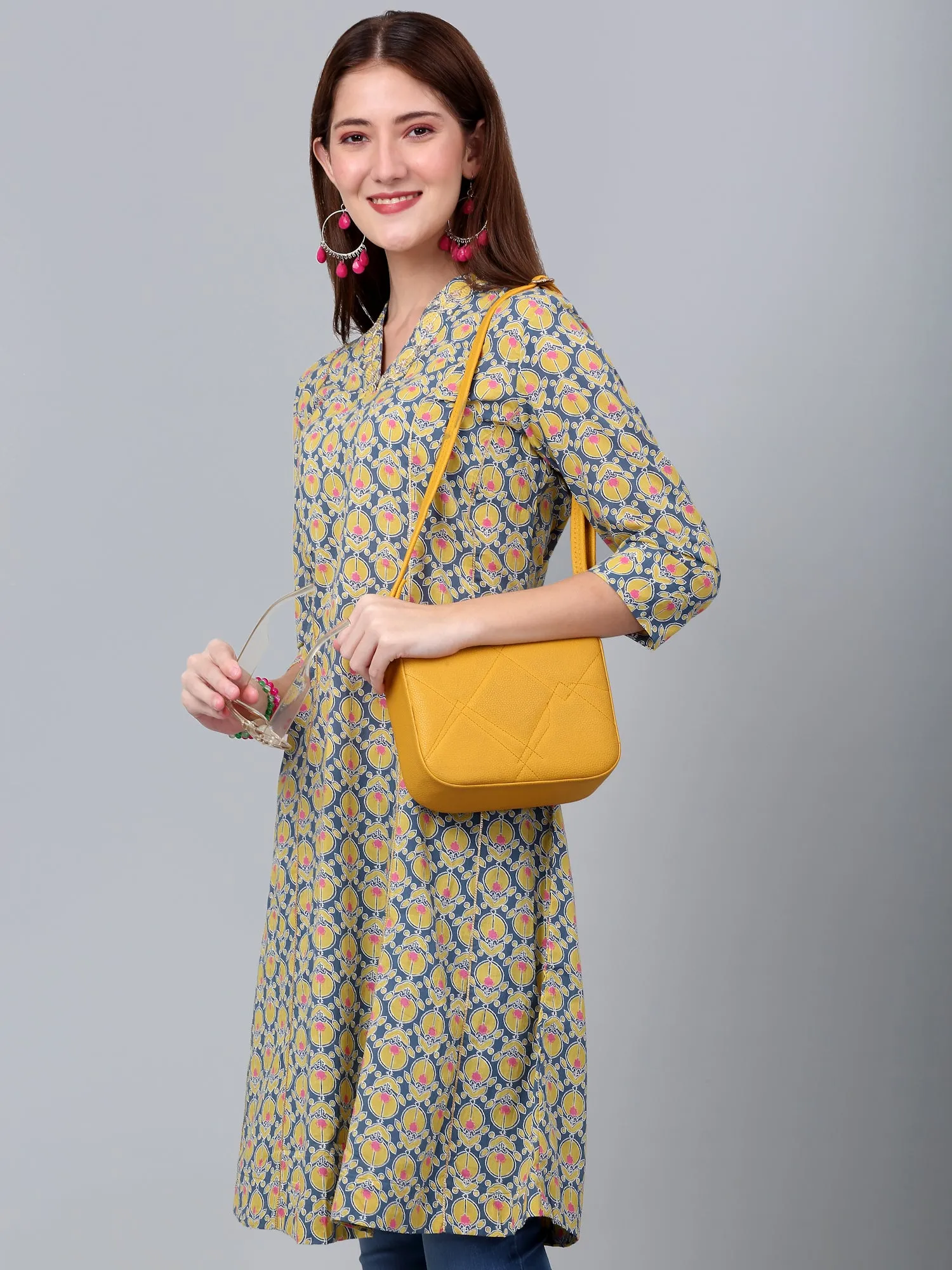 Women's Mustard Floral Printed Three Quarter Sleeves Kurti