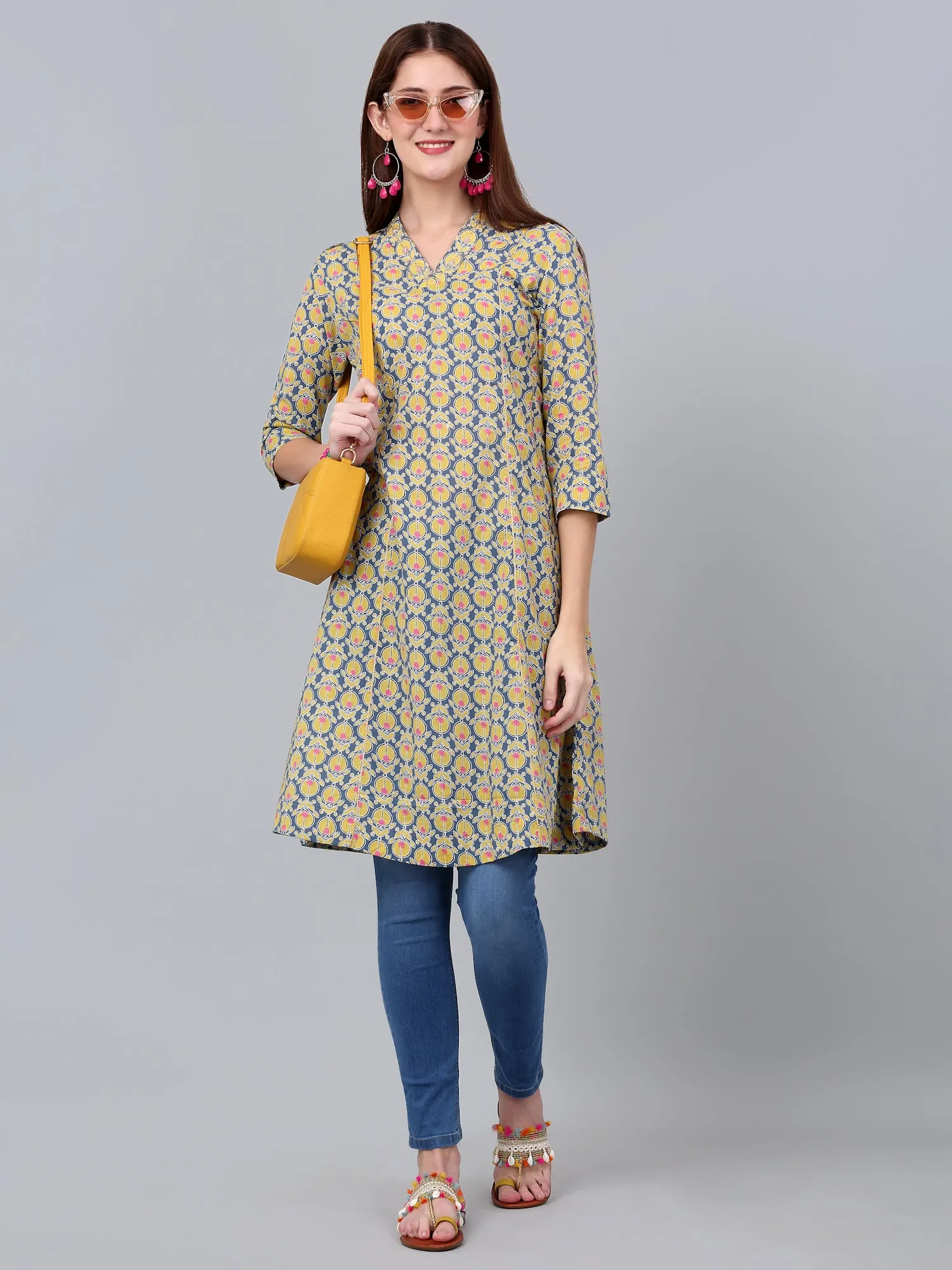 Women's Mustard Floral Printed Three Quarter Sleeves Kurti